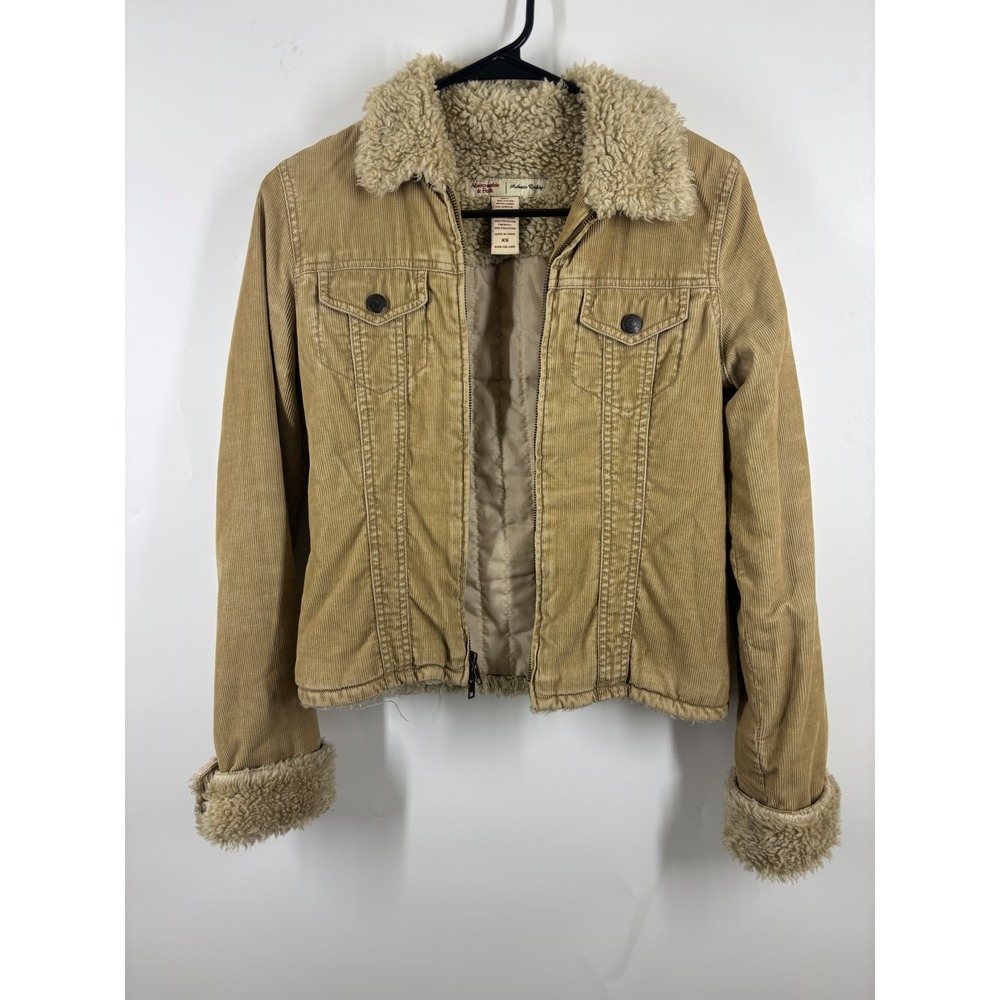 Vintage Y2K Abercrombie & Fitch Tan Corduroy Faux Shearling Trim Zip Jacket XS